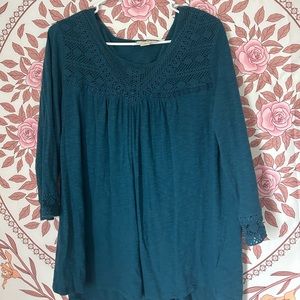 Blue, long sleeved, lace shirt. Lace on the top, both front and back, and flowy